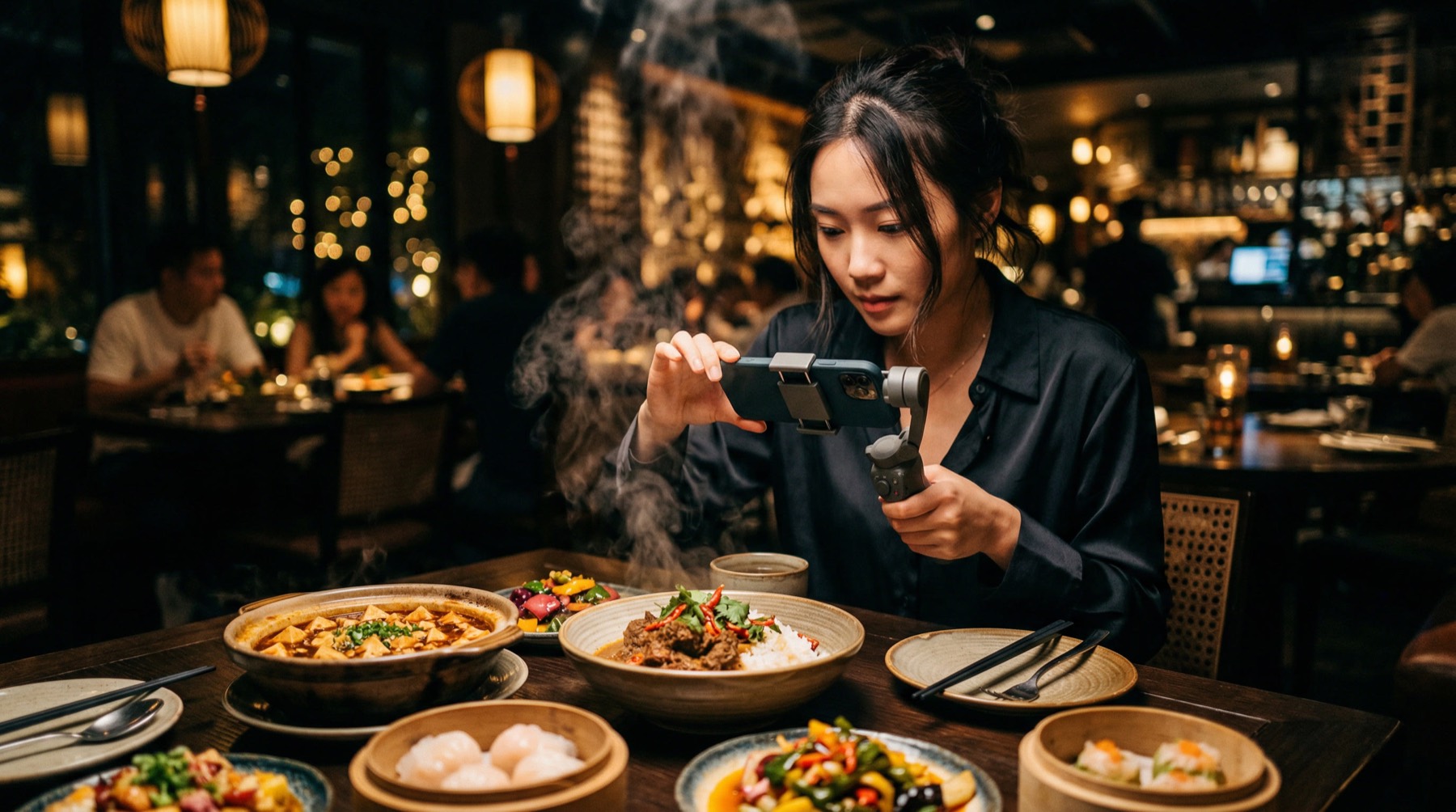 A creator filming a spread of dishes at a restaurant table